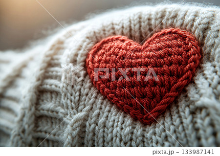Lighting. Red heart pattern is crochet on a modern sweater. Creative hobby. Valentines Day concept. Lighting. Red heart pattern is crochet on a modern sweater. Creative hobby. Valentines Day concept. 133987141