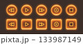Neon media player buttons. Orange glowing glossy audio control icons. Interface elements 133987149