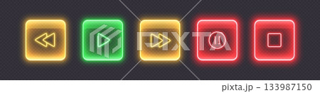Neon media player buttons. Glossy glowing audio control icons. 133987150
