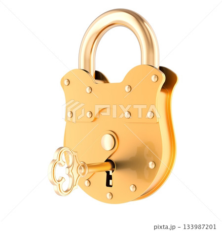 Golden vintage padlock with key. 3D rendering 133987201