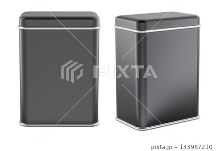 Two tall black rectangular metal storage tins, shown front and angled. 3D rendering Two tall black rectangular metal storage tins, shown front and angled. 3D rendering 133987210