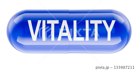 Vitality, blue capsule pill. 3D rendering Vitality, blue capsule pill. 3D rendering 133987211
