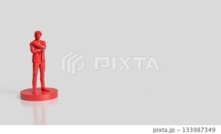 Red Confident Business Figure on Minimal Platform 3d render. 133987349