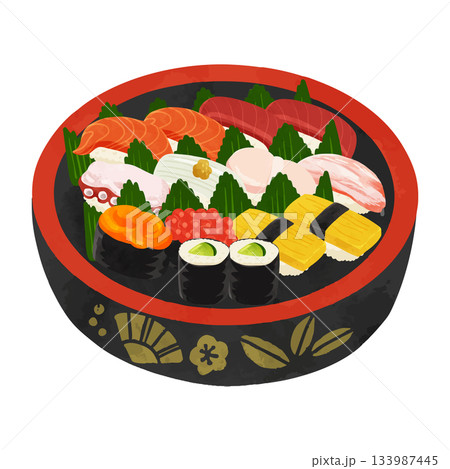 寿司桶に盛り付けされたお寿司　水彩風手描きベクターイラスト 133987445