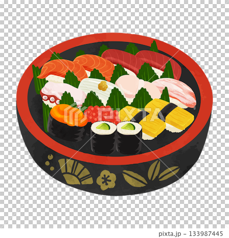 寿司桶に盛り付けされたお寿司　水彩風手描きベクターイラスト 133987445