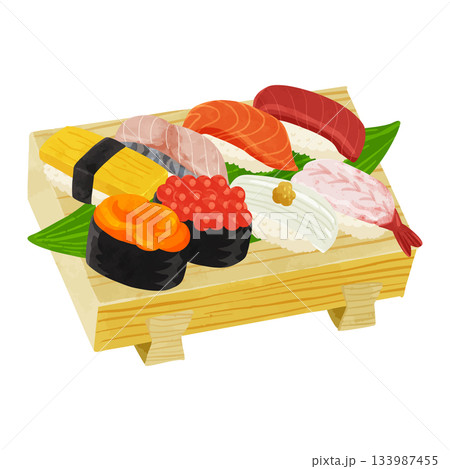 寿司下駄に盛り付けされたお寿司 水彩風手描きベクターイラスト 寿司下駄に盛り付けされたお寿司 水彩風手描きベクターイラスト 133987455