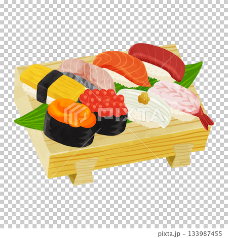 寿司下駄に盛り付けされたお寿司 水彩風手描きベクターイラスト 寿司下駄に盛り付けされたお寿司 水彩風手描きベクターイラスト 133987455