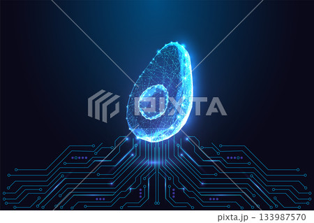 Digital avocado glowing in futuristic neon low poly style over technology circuit board background Digital avocado glowing in futuristic neon low poly style over technology circuit board background 133987570
