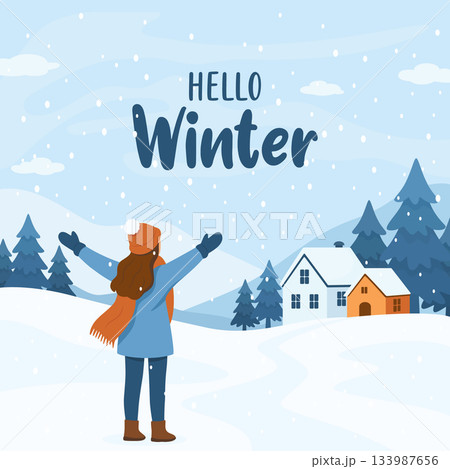 Hello Winter. Winter Landscape. Girl Enjoying Snow. Flat Cartoon Vector Illustration of Snowy Countryside with Mountains, Pine Trees and House. Minimal Winter Landscape 133987656