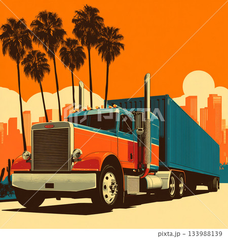 A retro, pop art-style illustration of a large orange and blue truck set against a bright orange sky with palm trees and a distant city skyline. A retro, pop art-style illustration of a large orange and blue truck set against a bright orange sky with palm trees and a distant city skyline. 133988139