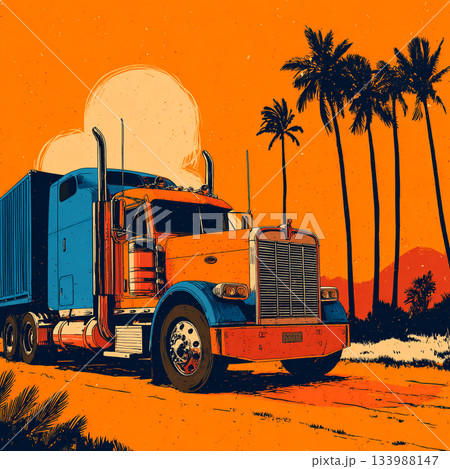 A retro, pop art-style illustration of a large orange and blue truck set against a bright orange sky with palm trees and a distant city skyline. 133988147