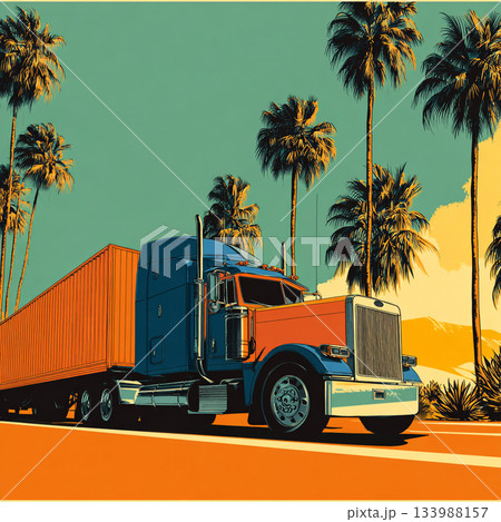 A retro, pop art-style illustration of a large orange and blue truck set against a bright orange sky with palm trees and a distant city skyline. 133988157
