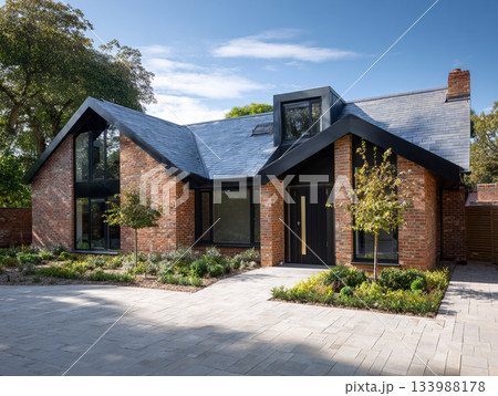 A modern luxury house featuring dark red brick, black-framed windows, a slate roof, and a large integrated garage, surrounded by lush mature trees and a paved driveway. 133988178