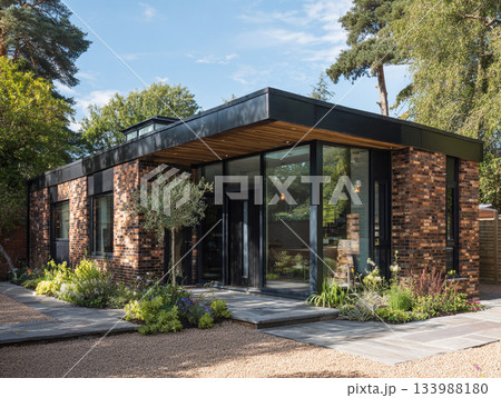 A modern luxury house featuring dark red brick, black-framed windows, a slate roof, and a large integrated garage, surrounded by lush mature trees and a paved driveway. 133988180