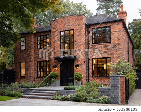 A modern luxury house featuring dark red brick, black-framed windows, a slate roof, and a large integrated garage, surrounded by lush mature trees and a paved driveway. A modern luxury house featuring dark red brick, black-framed windows, a slate roof, and a large integrated garage, surrounded by lush mature trees and a paved driveway. 133988189