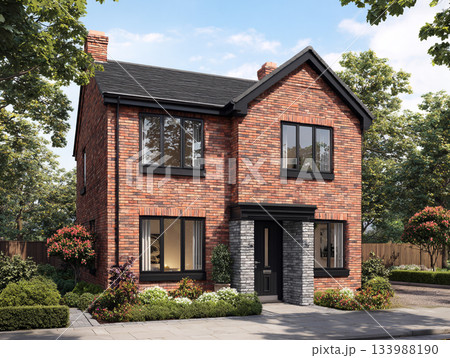 A modern luxury house featuring dark red brick, black-framed windows, a slate roof, and a large integrated garage, surrounded by lush mature trees and a paved driveway. 133988190