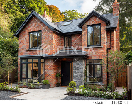 A modern luxury house featuring dark red brick, black-framed windows, a slate roof, and a large integrated garage, surrounded by lush mature trees and a paved driveway. 133988191
