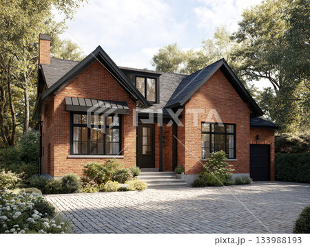 A modern luxury house featuring dark red brick, black-framed windows, a slate roof, and a large integrated garage, surrounded by lush mature trees and a paved driveway. A modern luxury house featuring dark red brick, black-framed windows, a slate roof, and a large integrated garage, surrounded by lush mature trees and a paved driveway. 133988193