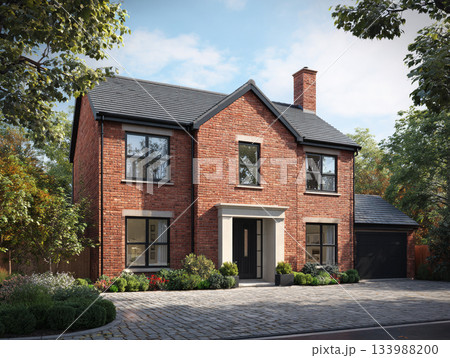 A modern luxury house featuring dark red brick, black-framed windows, a slate roof, and a large integrated garage, surrounded by lush mature trees and a paved driveway. A modern luxury house featuring dark red brick, black-framed windows, a slate roof, and a large integrated garage, surrounded by lush mature trees and a paved driveway. 133988200
