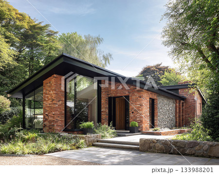 A modern luxury house featuring dark red brick, black-framed windows, a slate roof, and a large integrated garage, surrounded by lush mature trees and a paved driveway. A modern luxury house featuring dark red brick, black-framed windows, a slate roof, and a large integrated garage, surrounded by lush mature trees and a paved driveway. 133988201