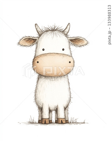 Cartoon cow stands on a meadow. The drawing uses soft lines and warm browns. 133988313