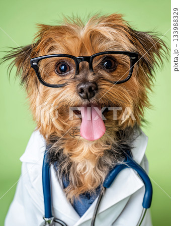 Dog wearing glasses checks patients at a veterinary clinic. The doctor dog wears a white coat and stethoscope. Dog wearing glasses checks patients at a veterinary clinic. The doctor dog wears a white coat and stethoscope. 133988329