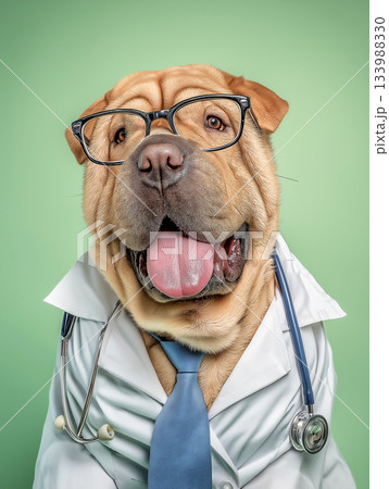 Dog wearing glasses in a white lab coat stands in a clinic. A stethoscope and tie complete the veterinary look. 133988330