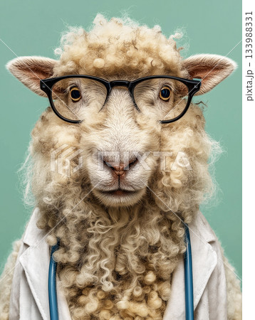 A sheep wears glasses in a laboratory. Playful veterinary scientist with a stethoscope and lab coat looks ready to diagnose. 133988331