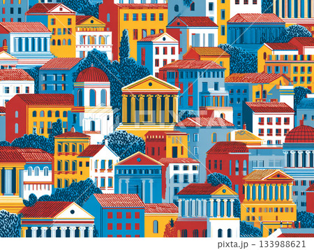A dense, colorful, and highly stylized pattern of buildings, featuring white, blue, red, and yellow neoclassical and Mediterranean-style structures in a vibrant, flat, geometric illustration. A dense, colorful, and highly stylized pattern of buildings, featuring white, blue, red, and yellow neoclassical and Mediterranean-style structures in a vibrant, flat, geometric illustration. 133988621