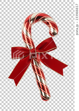 Shiny red and white candy cane styled christmas ornament, tied with classic red bow, isolated on transparent background 133988817
