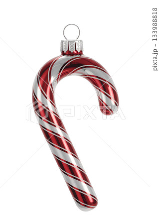 Shiny red and silver striped candy cane christmas ornament with glossy finish, isolated on transparent background for holiday designs 133988818