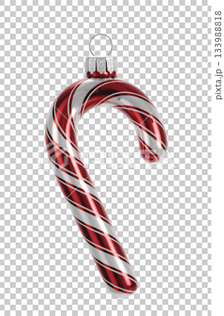 Shiny red and silver striped candy cane christmas ornament with glossy finish, isolated on transparent background for holiday designs 133988818