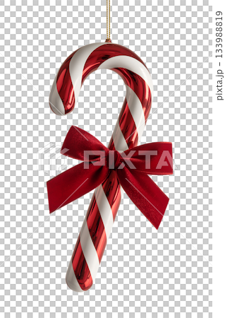 Shiny red and white candy cane styled christmas ornament, tied with classic red bow, isolated on transparent background Shiny red and white candy cane styled christmas ornament, tied with classic red bow, isolated on transparent background 133988819