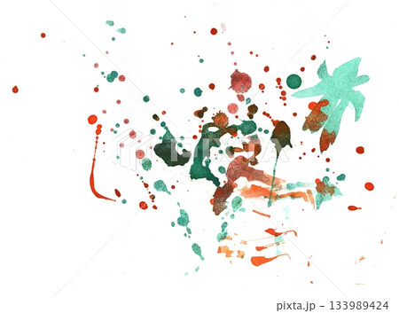 Watercolor Splatter Art Expressive Teal and Rust Hues on White Paper. Creative Abstract Design Watercolor Splatter Art Expressive Teal and Rust Hues on White Paper. Creative Abstract Design 133989424