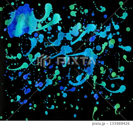 Abstract Splatter Art on Black Backdrop with Blue and Green Ink Blots, Modern Painting 133989426