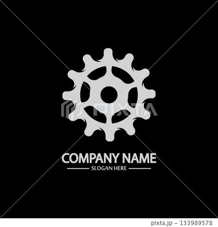 Gear vector logo isolated on a black background. Icon silhouette design template. Simple symbol concept in flat style. Abstract sign pictogram for web mobile and infographics. Gear vector logo isolated on a black background. Icon silhouette design template. Simple symbol concept in flat style. Abstract sign pictogram for web mobile and infographics. 133989578