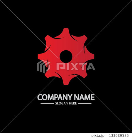Gear vector logo isolated on a black background. Icon silhouette design template. Simple symbol concept in flat style. Abstract sign pictogram for web mobile and infographics. Gear vector logo isolated on a black background. Icon silhouette design template. Simple symbol concept in flat style. Abstract sign pictogram for web mobile and infographics. 133989586