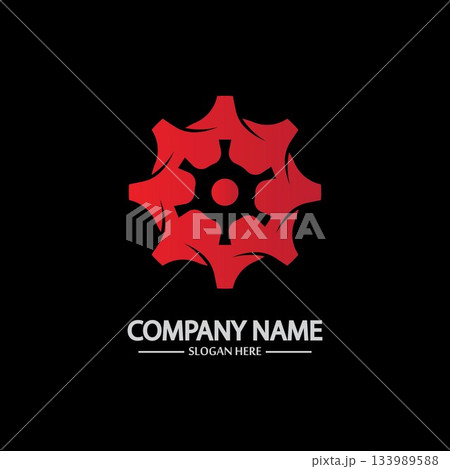 Gear vector logo isolated on a black background. Icon silhouette design template. Simple symbol concept in flat style. Abstract sign pictogram for web mobile and infographics. Gear vector logo isolated on a black background. Icon silhouette design template. Simple symbol concept in flat style. Abstract sign pictogram for web mobile and infographics. 133989588