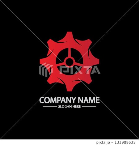 Gear vector logo isolated on a black background. Icon silhouette design template. Simple symbol concept in flat style. Abstract sign pictogram for web mobile and infographics. Gear vector logo isolated on a black background. Icon silhouette design template. Simple symbol concept in flat style. Abstract sign pictogram for web mobile and infographics. 133989635