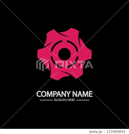 Gear vector logo isolated on a black background. Icon silhouette design template. Simple symbol concept in flat style. Abstract sign pictogram for web mobile and infographics. Gear vector logo isolated on a black background. Icon silhouette design template. Simple symbol concept in flat style. Abstract sign pictogram for web mobile and infographics. 133989691