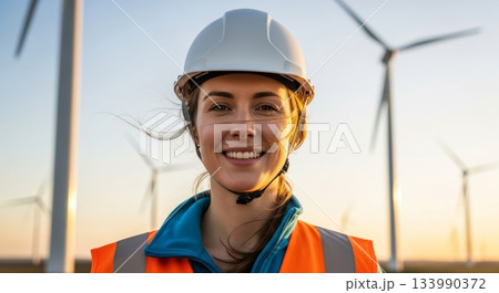 Smiling female engineer wearing white hard hat and orange safety vest standing at wind farm construction site during golden hour sunset 133990372