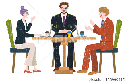 カフェでカジュアルにディスカッションをする3人の男女(水彩風イラスト) カフェでカジュアルにディスカッションをする3人の男女(水彩風イラスト) 133990415