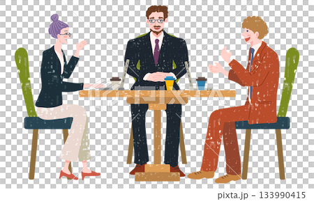 三位男女在咖啡館隨意交談（水彩插圖） 133990415