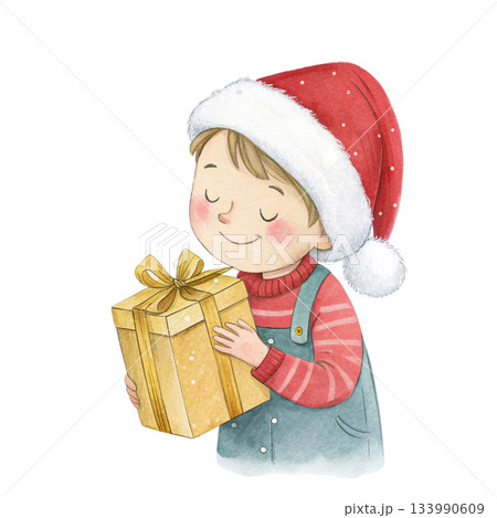 A cute boy wearing a Santa hat stands holding a gift box watercolor white background A cute boy wearing a Santa hat stands holding a gift box watercolor white background 133990609