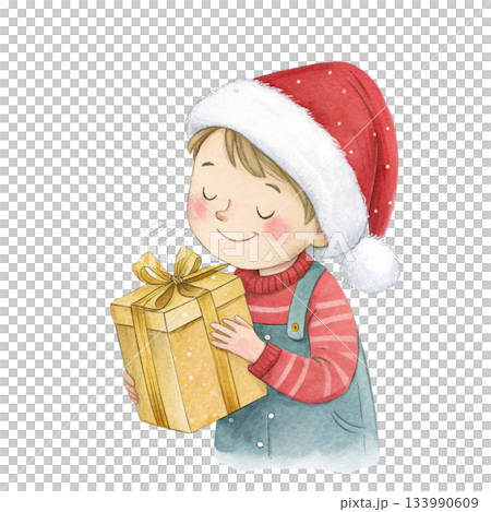 A cute boy wearing a Santa hat stands holding a gift box  watercolor white background  133990609