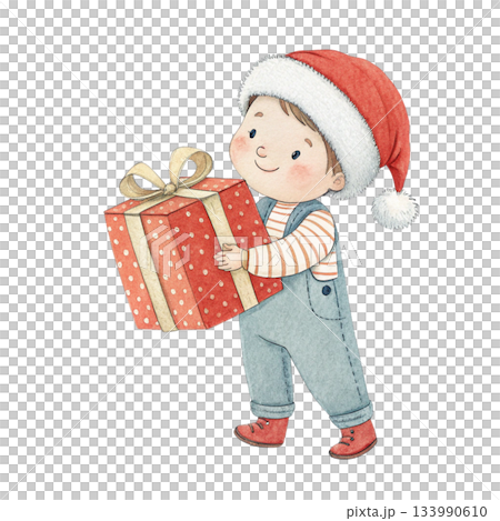 A cute boy wearing a Santa hat stands holding a gift box watercolor white background A cute boy wearing a Santa hat stands holding a gift box watercolor white background 133990610