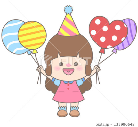 little girl wearing party hat holding balloons little girl wearing party hat holding balloons 133990648