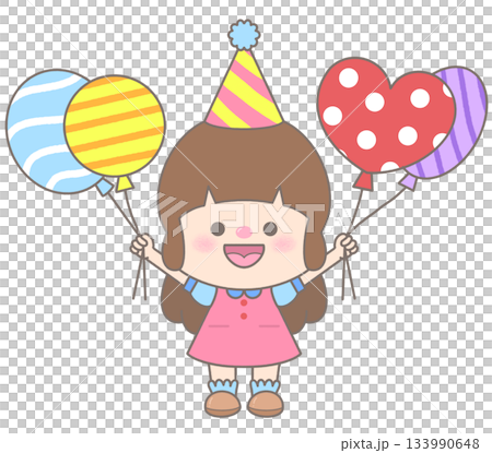 little girl wearing party hat holding balloons little girl wearing party hat holding balloons 133990648