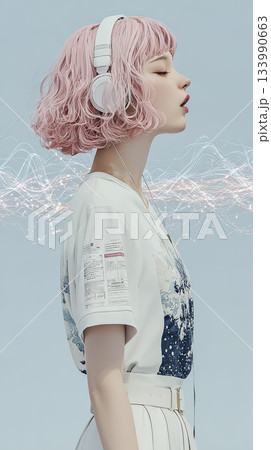 絵美シリーズ：可視化された音の川の中で音楽を聴く絵美 133990663