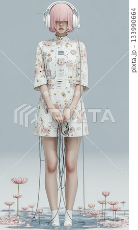 絵美シリーズ：可視化された音の川の中で音楽を聴く絵美 133990664